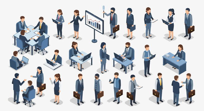 Diverse group of business people in isometric style illustrations.