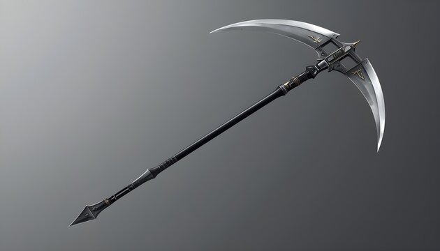 Fantasy double bladed polearm weapon with ornate symmetrical design and sharp silver blades for digital art illustration