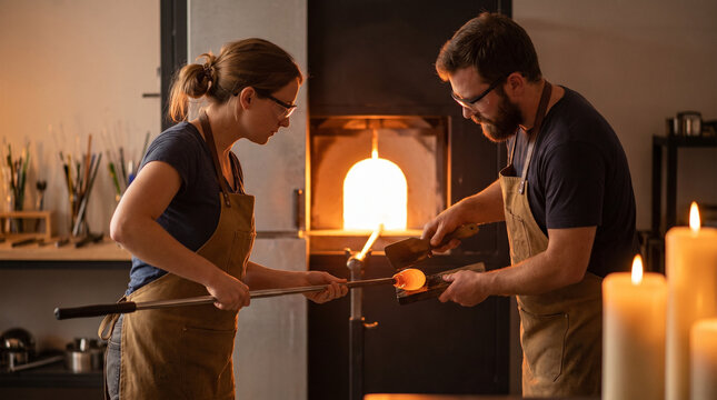 Glass blowing artisan couple working together at a furnace mouth, one partner gathering molten glass on an iron blowpipe while the other ste 3