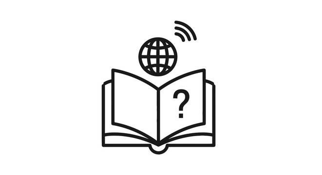 Book with question mark and globe.
