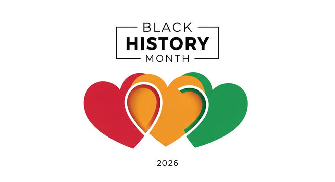Bold text announces Black History Month with overlapping red, orange, and green hearts, symbolizing unity and heritage, perfect for cultural or commemorative themes