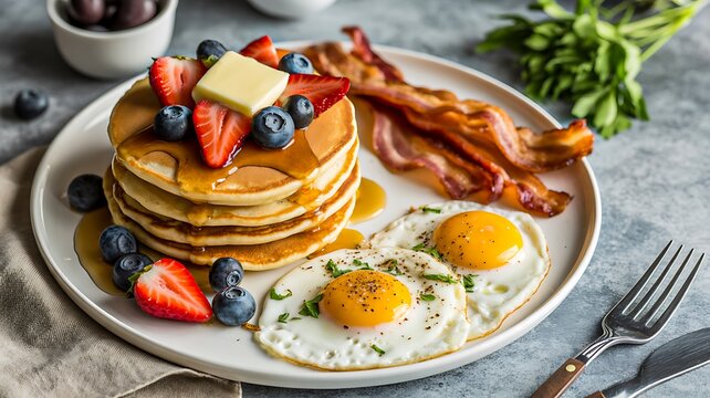 Delicious breakfast pancakes with fried eggs bacon and fresh berries on rustic table