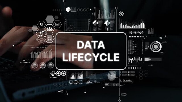 Hands typing on keyboard with digital graphics illustrating data lifecycle concepts in a modern business environment. Asymptotic smart data analytic.