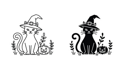 Halloween cat witch icon with pumpkin in black outline and solid silhouette for spooky holiday graphics © Minimalist