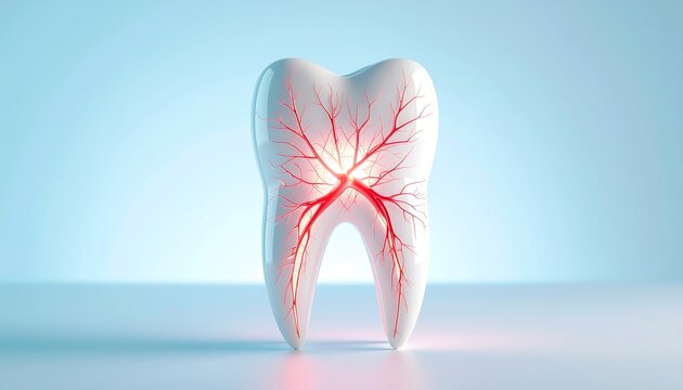Gleaming white tooth cross-section with glowing red vascular network, isolated on a soft blue gradient background, representing dental health, pain, nerve, and oral care concepts