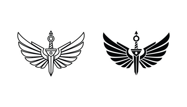 Heraldic sword with majestic wings in outline and solid black style for fantasy gaming logo or emblem design