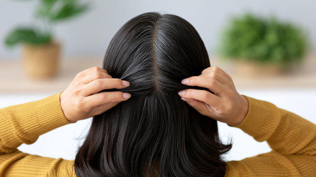 Close-up of woman's scalp revealing first gray hair strands at roots
