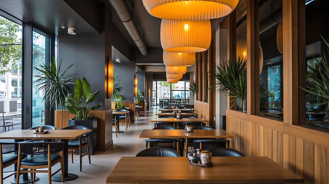 Modern luxury restaurant interior with elegant dining tables and lighting