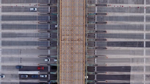 Large-scale system Transport Infrastructure with Motorway Toll Plaza, Traffic Flow Seen from Above