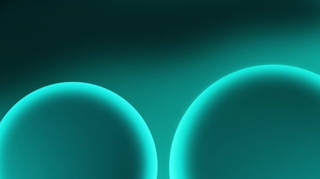An abstract animation of two teal color planets moving slowly horizontally toward each other and finally overlapping, creating soft glowing edges, deep shadows, and hypnotic motion in vast space