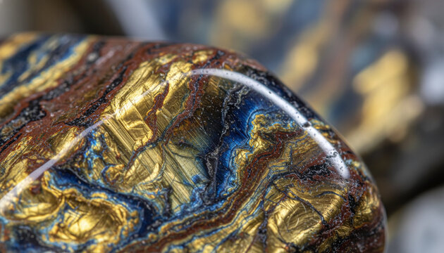 Polished Pietersite tempest stone texture with swirling blue and gold chatoyancy