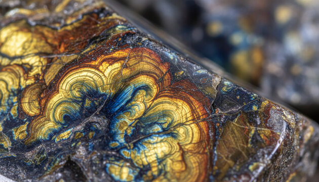 Polished Pietersite tempest stone texture with swirling blue and gold chatoyancy