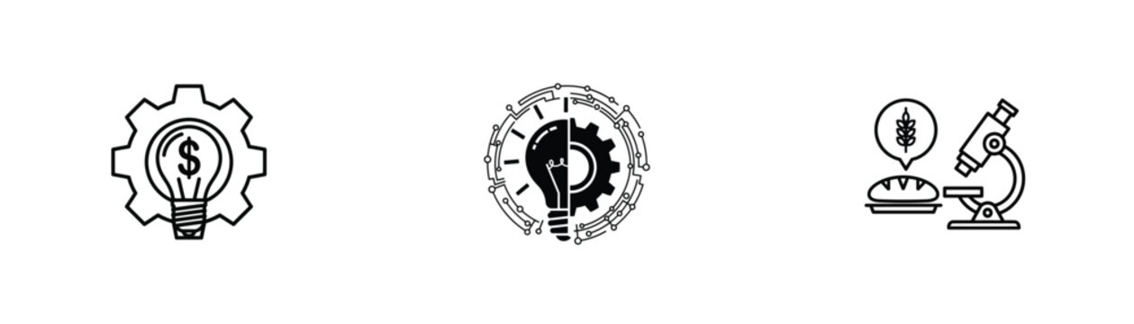 Set of business and technology icons including financial innovation, digital transformation, and food science