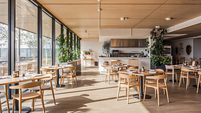 Modern cafe interior with wooden furniture and large windows natural sunlight atmosphere