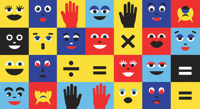 Colorful emoticon faces and hand symbols.