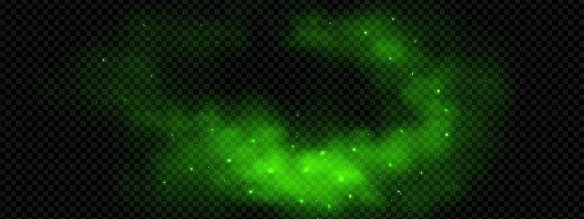 Green cloud with magic smoke and light particle background. Trash smell or poison haze isolated 3d bg frame. Radioactive realistic wallpaper graphic for galaxy banner. Panoramic mystery firefly dust. © Mariia