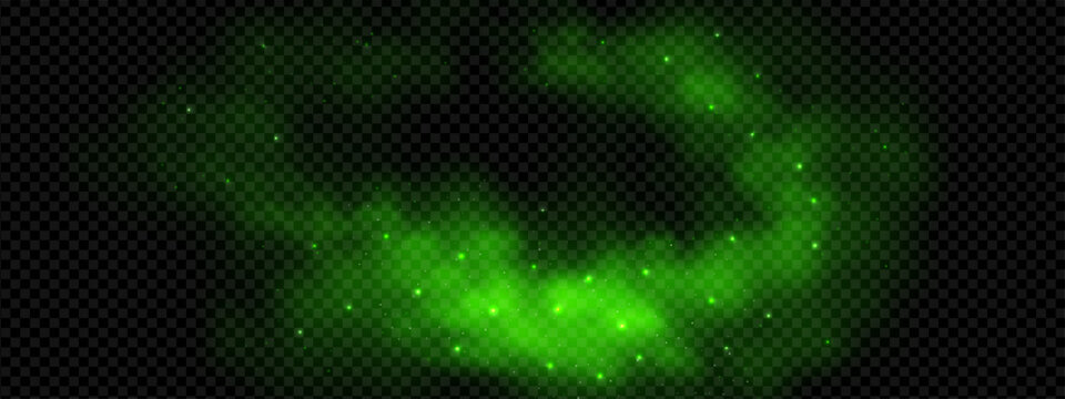 Green cloud with magic smoke and light particle background. Trash smell or poison haze isolated 3d bg frame. Radioactive realistic wallpaper graphic for galaxy banner. Panoramic mystery firefly dust.