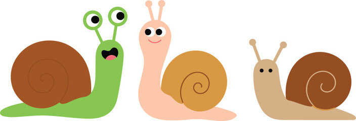 Three smiling cartoon snails in a row with colorful shells against a white background © Mdjillur
