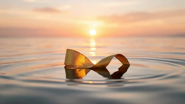 Lantern bobbing in tranquil water at sunset.