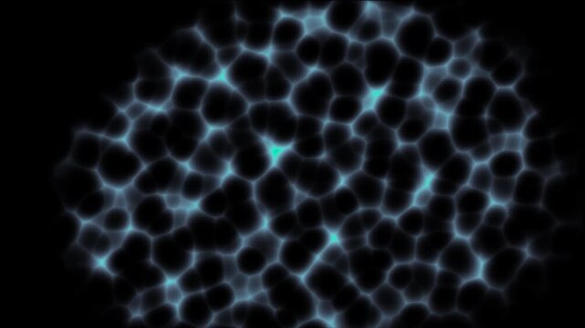 A mesmerizing abstract animation of glowing organic cell structures in neon blue. Pulsating web-like patterns move across a dark background, ideal for medical or futuristic tech visuals.
