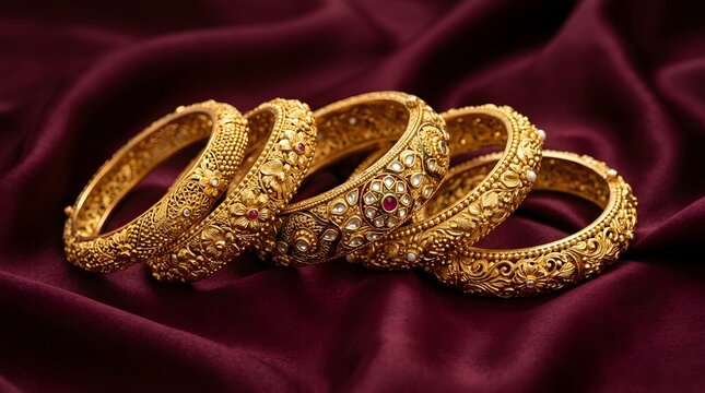 Traditional Gold Bangle Set of Four with Engraved and Stone Studded Design on Dark Red Velvet &mdash; Indian Pakistani Bridal Wedding Jewelry