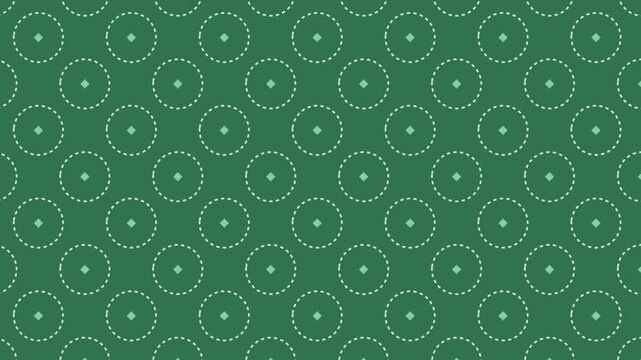 A clean, minimalist 2D animation featuring a repeating pattern of white dotted circles and small diamonds over a dark green backdrop. A sophisticated, seamless loop for subtle background visuals.