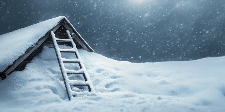 A ladder is on top of a snow pile