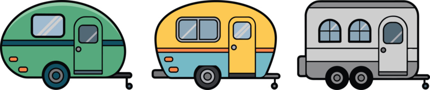 Three vintage campers lined up with varied colors and retro styling for travel and leisure