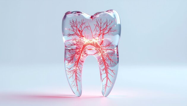 Transparent molar tooth with glowing red vascular system, exhibiting intricate root canals and nerve branching, for dental health, anatomy, and medical concepts