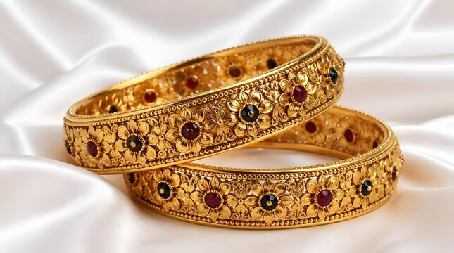 Traditional Gold Engraved Bangle Pair with Ruby and Sapphire Stone Accents on White Silk &mdash; Indian Pakistani Bridal Wedding Jewelry