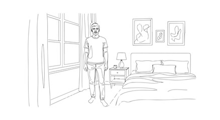 The man stands in a continuous line art style room with a bed and lamp. © Purnomo