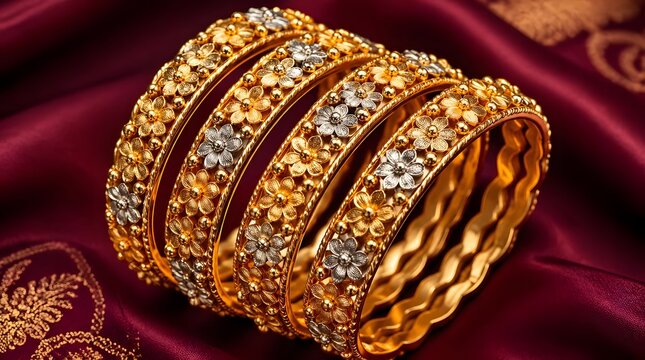 Traditional Gold Bangle Set of Four with Diamond Strip and Engraved Floral Pattern on Dark Red Velvet &mdash; Indian Pakistani Bridal Wedding Jewelry
