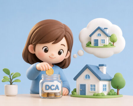 Cute 3D DCA Saving for Dream Home Illustration with Coin Jar and Mini House