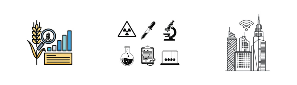 Set of icons representing agriculture, science, and smart city technology