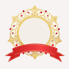 Naklejka premium Ornate Golden Frame with Red Ribbon and Jewels
