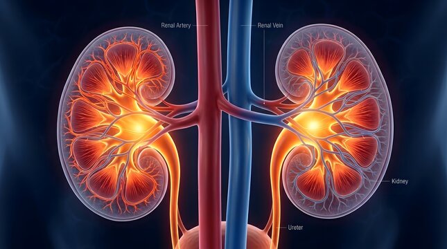 3D Medical Illustration of Human Urinary System and Kidneys.