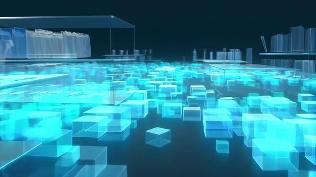 Abstract futuristic digital cityscape with glowing blue cubes and transparent data structures