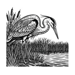 Naklejka premium Heron standing in water reeds landscape.