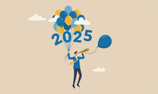Year 2025, or,bigger one fall career or economic forecast, aspiration to work success, new year resolution concept, businessman flying with 2025 balloons with telescope