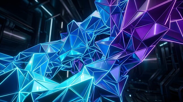 Futuristic 3d geometric structure with neon light in dark laboratory.