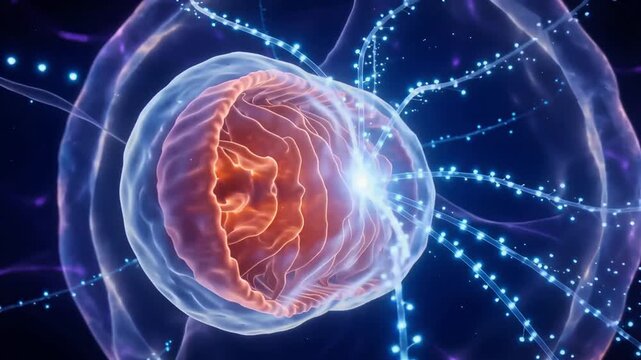 Mitochondria structures glowing with energy production cycles shown in a high quality 3d medical animation footage displaying biological processes inside a living cellular environment