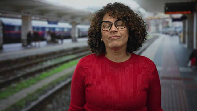 Woman by a train on railway platform with closed eyes and head tilted back in a station building, breathing deeply and waiting; calm reflection.