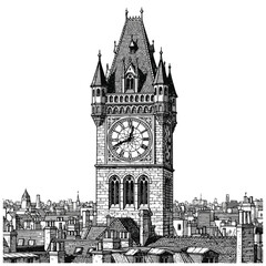 Fototapeta premium Large Gothic Clock Tower Architecture.