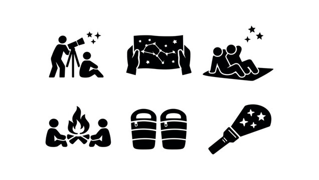 Night camping and stargazing icon set. telescope, constellation map, blanket stargazing, campfire, boots, flashlight. flat vector icon set.