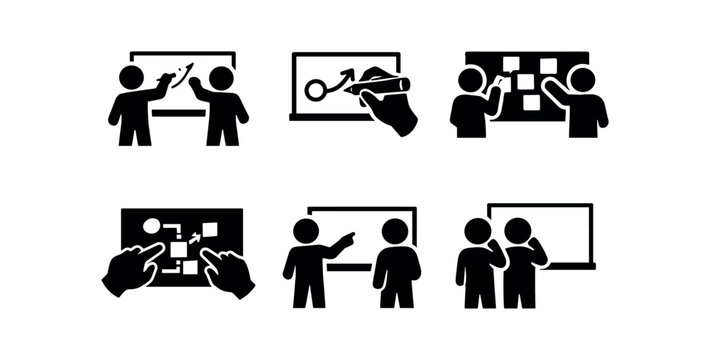 Team presentation icon set. whiteboard, brainstorming, sketching, sticky notes, planning, collaboration. flat vector illustration isolated on white background.