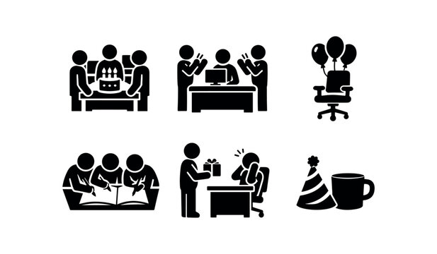 People interaction icon set. birthday, gift, group reading, office celebration, party, coffee break. line and flat vector illustration.