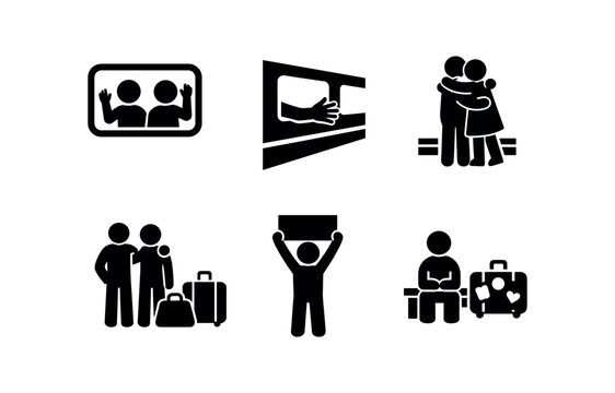 Travel and passenger icon set. train window, hand pass-through, reunion hug, travelers with luggage, protest sign, waiting with suitcase. line and flat vector illustration.