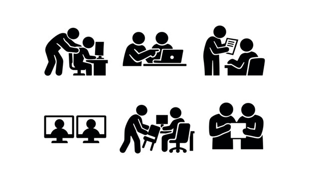 Office support and training icon set. coaching, mentoring, feedback, remote monitoring, assistance, document review. flat vector illustration isolated on white background.
