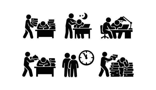 Office stress and overtime icon set. overworked employee, night work, desk lamp study, food delivery, clock time pressure, piles of paperwork. line and flat vector illustration.