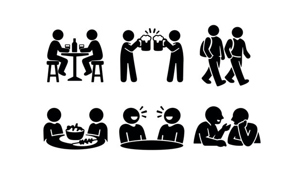 Social meetup icon set. dining, toasting, walking, chatting, eating together, friendly conversation scenes. line and flat vector illustration.